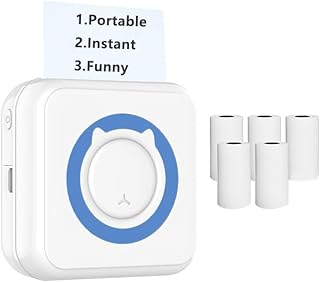 Mini Printer Portable Pocket Bluetooth Inkless Thermal Sticker Photo Printer with 5 Rolls Adhensive Pater Compatible with Android iOS for Instant Print Fun, DIY Retro-Style Photo Notes Memo (Blue)