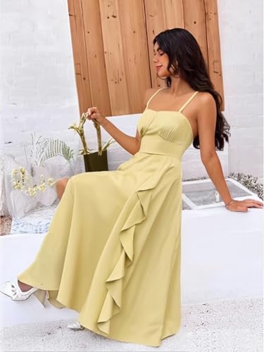 Image of Belle Poque Pastel Dress for Women Summer Flowy Boho Ruffle Dress 2025 Sleeveless Long Cocktail Dresses Yellow L