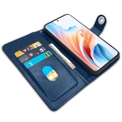 Image of Pikkme Oppo A2 Pro 5G Flip Cover Leather Finish | Inside TPU with Card Pockets | Wallet Stand and Shock Proof | Complete Protection Button Flip Case (Blue)