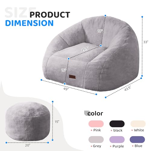 Image of HABUTWAY Bean Bag Chair, Giant Bean Bag Chairs for Adults with Ottoman, Comfy Faux Fur Shell-Shaped Bean Bag Couch, Sofa Chair for Living Room, Bedroom, Grey
