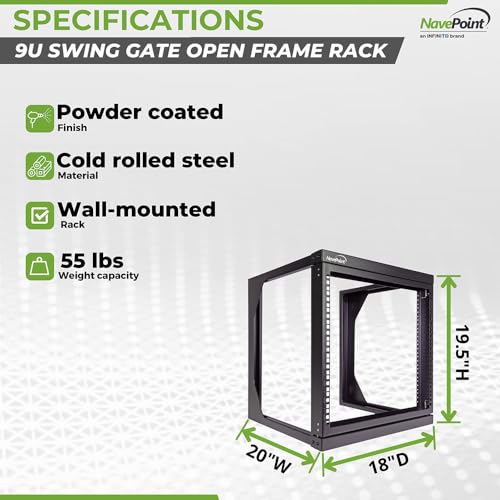 Image of NavePoint 9U Open-Frame Server Rack for 19 inch IT Network Equipment & A /V Devices Free Standing or Wall Mount with 180 Degrees Gate Swing, Black