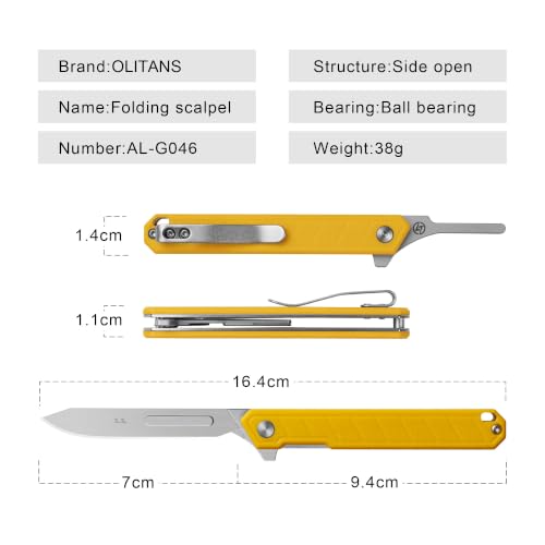 Image of OLITANS G046 Mecha Mini Slim Folding Scalpel with 5pcs #24 and 5pcs #60 G10 Handle with Liner Lock, Utility EDC Pocket Knife with Back Clip (Yellow)