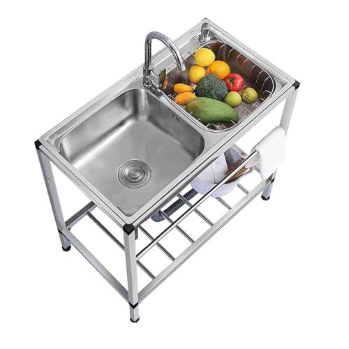 Évier de restaurant commercial, évier utilitaire en acier inoxydable, évier de cuisine à double cuve sur pied avec robinet, lavabo avec panier de vidange, étagère, barre à serviettes (argent)