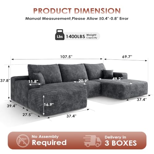 Image of Boneless Couch, Modular Sectional Couches for Living Room, U-Shaped Cloud Couch Sofa with Deep Seat, Fluffy Corduroy Upholstered Corner Sofa