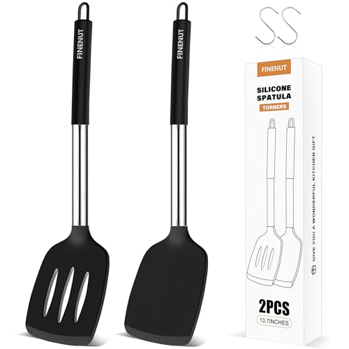 FINENUT Silicone spatula Solid&Slotted Turner Set of 2, for Flipping Fish Pancake Egg,Scratch-Proof for Nonstick Pans,446°F High Heat Resistant BPA-Free Kitchen Cooking(Black)