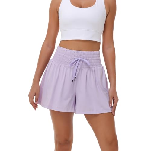 Womens Flowy Athletic Shorts Gym Yoga Workout Running Sport Sweat Skort Golf Tennis Butterfly Skirt High Waisted with Pocket Cute Comfy Lounge Pants Trendy Clothes Casual Summer Outfits Lavender S