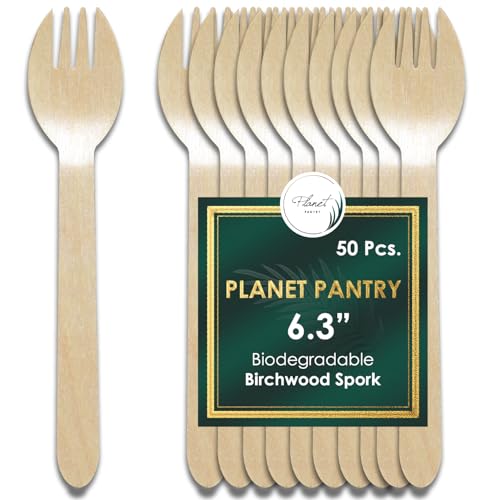 Planet Pantry Disposable Birchwood Cutlery Spork 50 pcs) Plastic Alternative Eco-Friendly for Food, Party, Buffet, Wedding