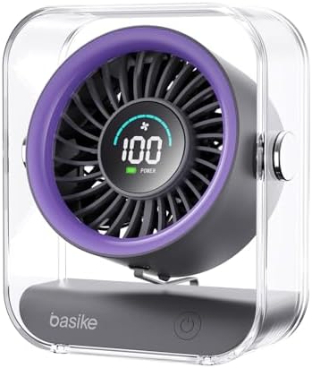 Basike Ventilador de Mesa Mini com Display Digital, 100 Níveis de Velocidade Portátil Bateria 5000mAh de 7h, Anjo Ajustável 60°, Silencioso para Casa, Escritório e Viagens (Roxo)
