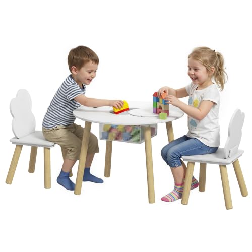 AIYAPLAY Mesa Infantil con 2 Sillas, Bolsa de Malla, Tema de Nube, Blanco