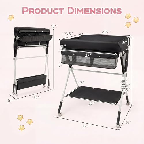 Image of HONEY JOY Changing Table, Folding Mobile Nursery Organizer w /Wheels, Adjustable Height, Storage Bag & Open Shelf, Portable Diaper Changing Station for Newborn Infant (Black, 32 inchx26 inchx39.5 inch)