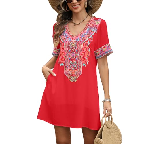Image of Grosy Fiesta Embroidered Mexican Dress for Women Beach Vacation Plus Size Short Sleeve Summer Boho Dresses with Pocket