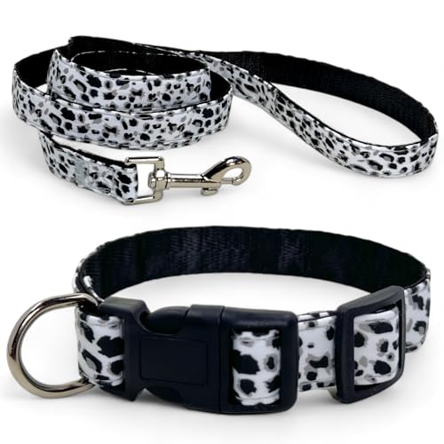 MIJOMA Hundeleine und Hundehalsband Set - 1,20m Leine, verstellbares Halsband, Verschiedene Designs, robust und stilvoll (weiß Leopardenmuster)