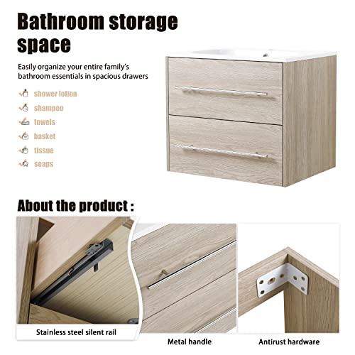 Beingnext 24 Inch Floating Bathroom Vanity With Sink, 24'' Single Sink Wall Mounted Bathroom Vanity, With 2 Drawers And White Resin Basin Sink Top #TOP3