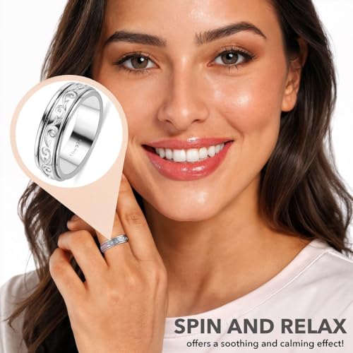 Fidget Rings Spinner Ring for Women - Spinning Anxiety Ring for Men - Wedding Band 925 Sterling Silver Platinum Plated Scrollwork Jewelry Stress Relief Size 8 Engagement Christmas Gifts - Thumbnail 5