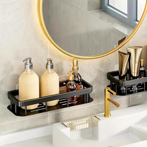 Image of Self Adhesive Bathroom Organiser Without Drill, Stainless Steel Wall Shelf Rack, Kitchen Sink Organizer, Bathroom Storage Holder, Rustproof Shelf (Black, Pack of 2)
