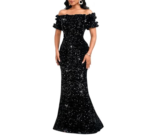 dasmzper Women Sexy Sequin Off Shoulder Ruffle Short Sleeve Bodycon Mermaid Party Formal Evening Maxi Dress Black