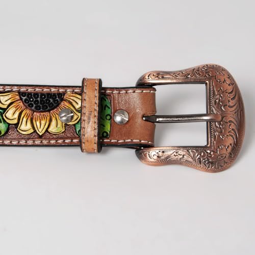Brown Floral Sunflower Cactus Hand Painted Genuine Leather Men & Women Belt Unisex Western with Removable Buckle3