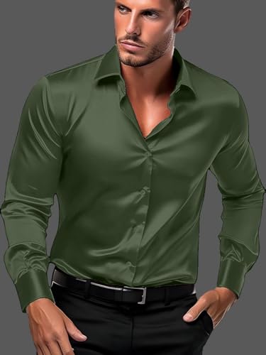 Image of IndoPrimo Men's Satin Shirt with Spread Collar Neck Line Solid Pattern Full Sleeves Regular Fit Western Style and Standard Length