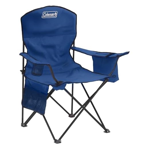 Coleman Polyester Sturdy Foldable Oversized Quad Camping Chair with Attached Can Cooler and Cup Holder (Blue)