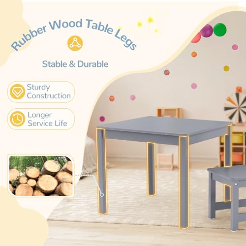 Image of Curipeer Toddler Table and Chair Set, Kids Table and Chairs, Kids Table with Rubber Wood Legs for Children, Toddler Table and 2 Chairs for Kid's Room, Bedroom, Playroom (Gray)