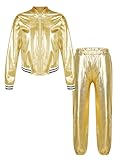 Linjinx Kids Girls Boys Shiny Metallic Jazz Street Hip Hop Dance Outfit Zipper Bomber Jacket with Jogger Pants Set Gold 8