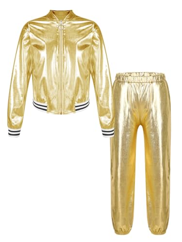 Linjinx Kids Girls Boys Shiny Metallic Jazz Street Hip Hop Dance Outfit Zipper Bomber Jacket with Jogger Pants Set Gold 8