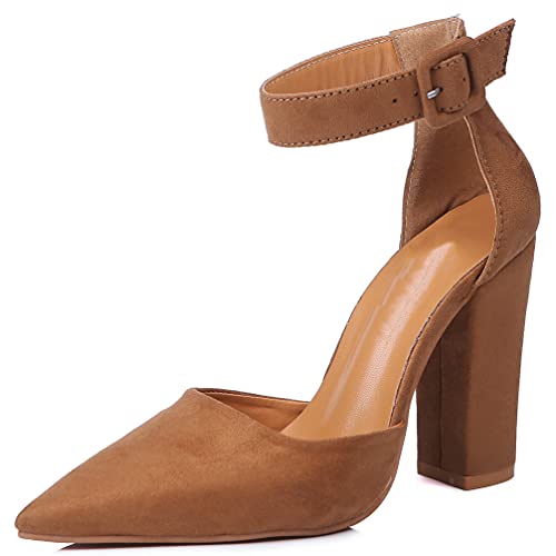 KOKOMOMO Womens Faux Suede Pointed Toe Block Heel Ankle Strap Pumps2