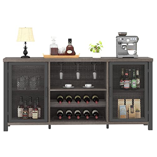 Liquor Bar Cabinet Industrial Wine Bar Cabinet Rustic Sideboard Buffet Cabinet for Liquor Glasses Coffee Bar with Storage Rack for Home Kitchen Dining Room Dark Grey Oak 55 In