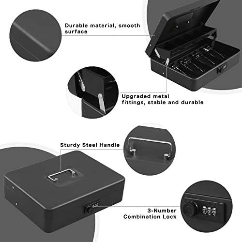 Xydled Cash Box With Money Tray And Combination Lock,Money Lock Box With Cash Tray,Safe Lock Box With Code,Tiered,4 Bill / 5 Coin Slots,11.8" X 9.5" X 3.5",Black Sand Grain #TOP4