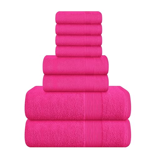 Belizzi Home 8 Piece Towel Set 100% Ring Spun Cotton 2 Bath Towels 27x54 2 Hand Towels 16x28 and 4 Washcloths 13x13 - Ultra Soft Highly Absorbent Machine Washable Hotel Spa Quality - Hot Pink