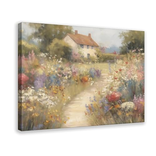 English Cottage Garden Wall Art Wildflower Meadow Landscape French Country Floral Painting Poster Canvas Decorative Painting Wall Art Ultra Clear Background Wall 30x20inch(75x50cm) Frame-style