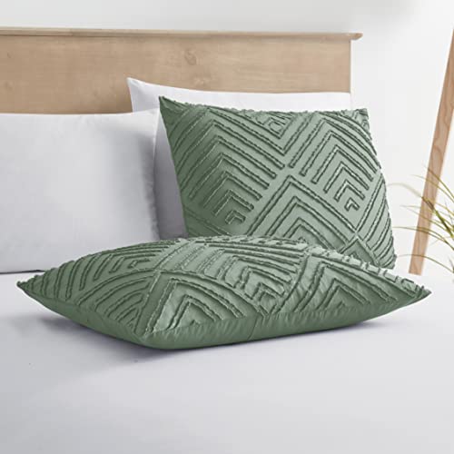 Image of Nestl Boho Duvet Cover Set - Textured Queen Bedding, 3 Piece Tufted Green Duvet Cover w /Zipper Closure, 90x90 Inch & 2 Pillow Shams
