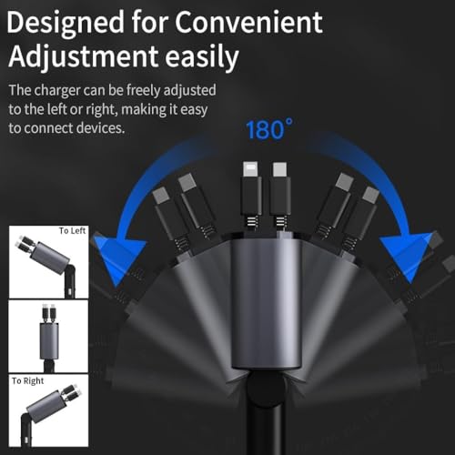Image of ETH Retractable Car Charger, 120W 4 in 1 Super Fast Charge Car Charger, Type C & USB Charging Ports, Retractable Cables (80Cm) Car Adapter, Compatible iPhones, Ipad, Galaxy, Pixel, Grey