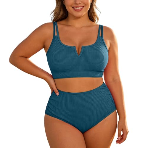Soupliebe Bikini Oberteil Damen Crossback Große Größen Sexy Bademode Dekorativen Metall V- Ausschnitt Sets Triangel Top Überkreuzten Rückenträgern Strukturierte Sport Set String Blau 4XL
