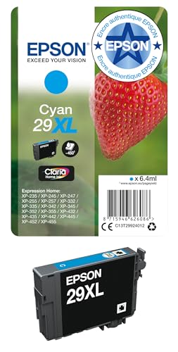 Epson 29XL Fraise Cyan, Cartouche d'encre d'origine XL Haute capacité, XP-235 XP-243 XP-245 XP-247 XP-255 XP-257 XP-332 XP-335 XP-342 XP-345 XP-352 XP-355 XP-432 XP-435...