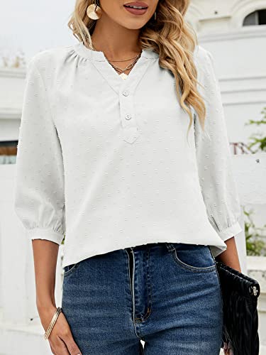 Womens Summer V Neck 3/4 Sleeve Blouses Swiss Dot Tunic Tops Casual Button Shirts White #TOP1