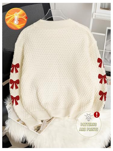 Image of BEAUDRM Girl's Bow Sweater Crew Neck Cute Sweaters Long Sleeve Knit Pullovers Sweater