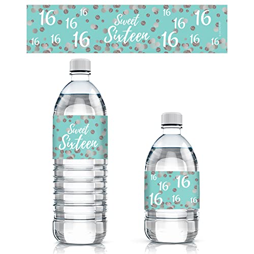 Blue And Silver 16Th Birthday Sweet Sixteen Party Water Bottle Labels - Waterproof Wrappers - 24 Stickers #TOP25