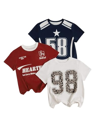 Image of RoseSeek Girl's Shirts 3 Packs Star Butterfly Graphic Tees Crew Neck Short Sleeve T Shirt Casual Tops