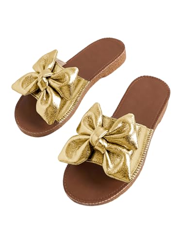 Image of Verdusa Women's Bow Flat Sandals Leather Open Toe Flats Summer Vacation Shoes Beach Sandals Outdoor Slippers