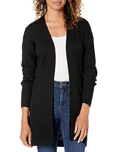 Amazon Essentials Women's Soft Cable Long Sleeve Open Front Longer Length Cardigan Sweater with Belt, Black, Large