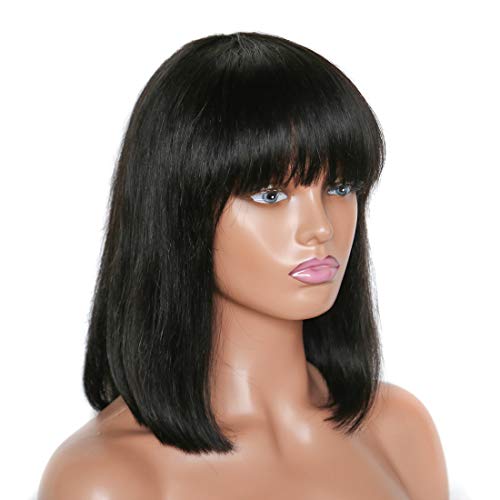 EMOL Hair Short Bob Straight Wig Brazilian Virgin Human Hair 10 inch Straight Bob Wigs For Women Full Machine Made Wigs with Bangs None Lace