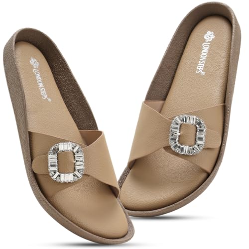 Image of Women Fashion Cross Strap Sliders with Crystal Buckle | Stylish Casual Slip-On Sandals for Women | Lightweight Comfort Slides Everyday Wear