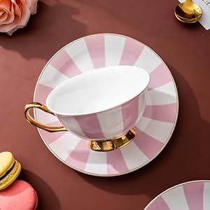 Elegant Pink Gift Tea Set – Bone China with 6 Tea Cups & Saucers – Perfect Coffee Cup/Tea Cup and Saucer Set for Wedding Gift/Gift for Her (Pink Stripes)