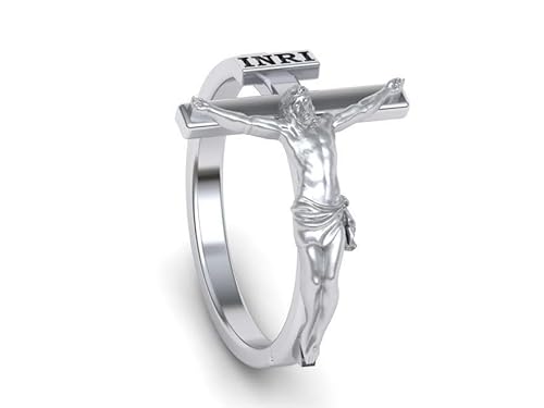 Ssjewel Art Deco Crucifix Jesus Christ Ring Two Tone Men Christian Jewelry Dainty Religious Sideways Cross Ring 14K Gold Plated 925 Sterling Silver Handcrafted Stacking Christmas Ring Gift For Her thumb #2