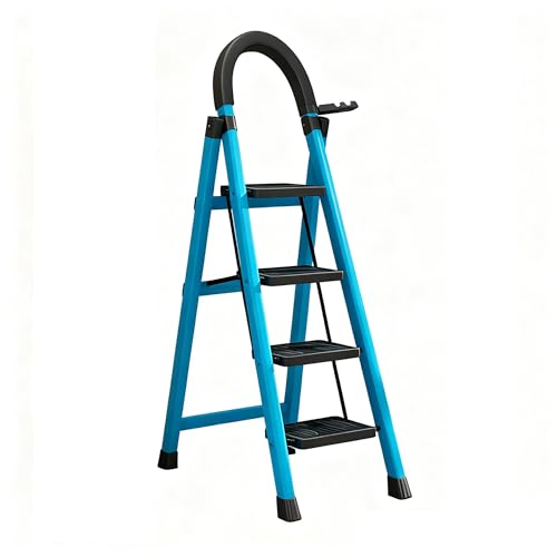 ZXDTVFGN 4 Step Ladder, Heavy Duty Carbon Steel Folding Step Stool with Wide Anti-Slip Pedals, Sponge Handrail, Detachable Tool Tray, Portable Household Ladder, Weight Capacity:440lbs