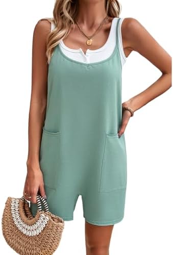 Spatofa Rompers for Women Casual Summer Sleeveless Rompers Adjustable Spaghetti Strap Beach Rompers Short Jumpsuits Overalls Green Medium