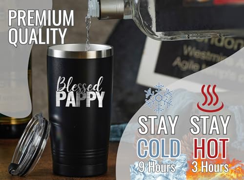 Image of Onebttl Pappy Gifts, Grandpa Father's Day Gifts from Grandchildren, Laser Engraved Design, 20oz /590ml, Stainless Steel Tumbler with Straw & Lid, Black - Blessed PAPPY