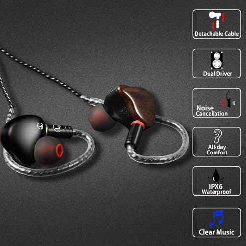Image of DEMAKE in Ear Monitor with Detachable Type-C Cable | HiFi IEM, Dual Dynamic Driver Wired Earbuds, Noise Canceling In Ear Headphones for Singers & Audiophiles (Wood Grain)