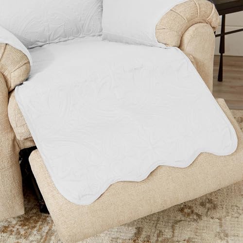 Image of Great Bay Home Reversible Recliner Cover - Washable Slipcover Furniture Protector with Elastic Straps - Perfect for Kids & Pets - Quilted & Stitched Detail (White /Sand)